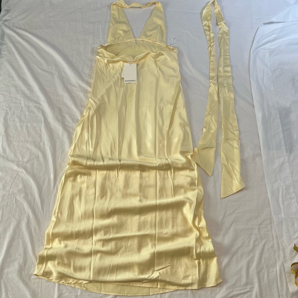 Peppermayo butter yellow satin halter open back scarf neck maxi dress Small NWT - Picture 3 of 16